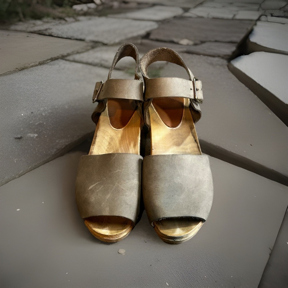 Bryr Miranda Peep Toe Sandals Wood Heel Clog, Taupe Gray 39